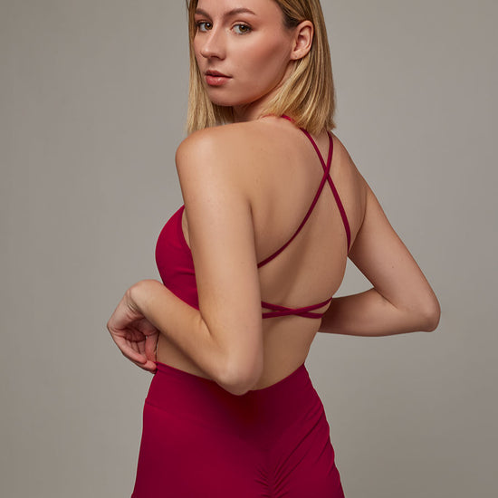 Top Strong Fucsia Doblefit, top deportivo mujer, vista posterior