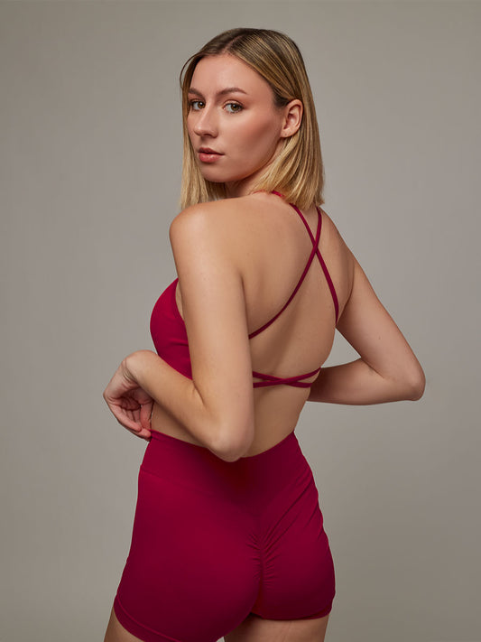 Top Strong Fucsia Doblefit, top deportivo mujer, vista posterior