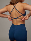 Top Strong Navy Doblefit, top deportivo mujer, vista posterior