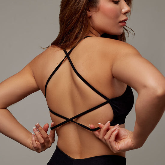 Top Strong Negro Doblefit, top deportivo mujer, vista posterior